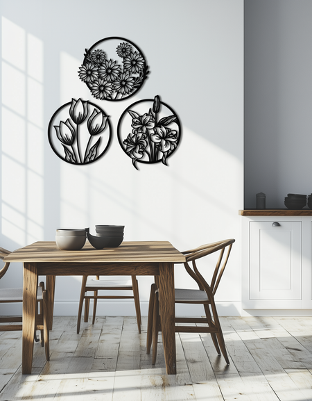 Floral Harmony Metal Wall Art - Set of Three Elegant Botanical Designs - KAF223