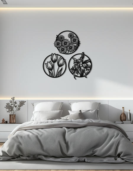Floral Harmony Metal Wall Art - Set of Three Elegant Botanical Designs - KAF223