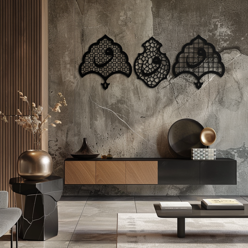 Vav Calligraphy Metal Wall Art - Set of Three Elegant Islamic Designs - KAF243
