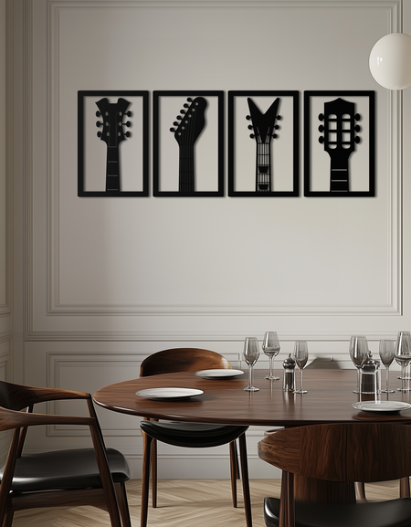 Gitar Başlığı Metal Duvar Sanatı - 4 Parça Müzik Dekoru - KAF260