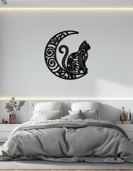 Ay ve Kedi Metal Duvar Sanatı – Mistik Kedi Dekoru - KAF266