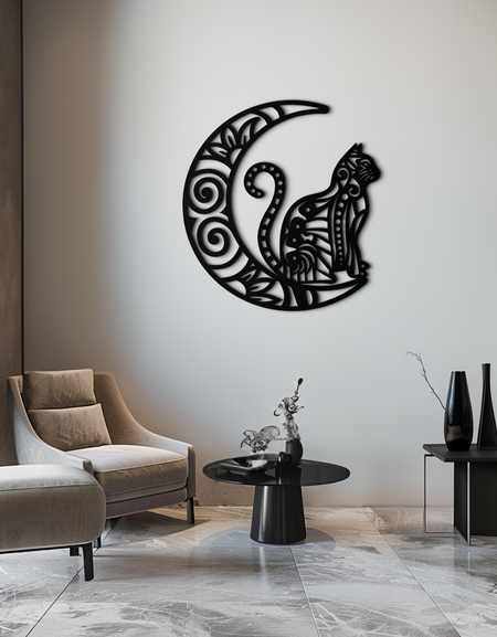 Ay ve Kedi Metal Duvar Sanatı – Mistik Kedi Dekoru - KAF266