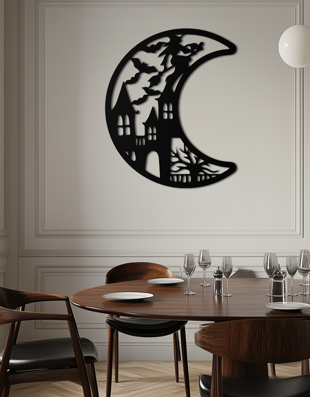 Perili Ay Cadılar Bayramı Metal Duvar Sanatı - Cadı ve Kale Silüeti - KAF274