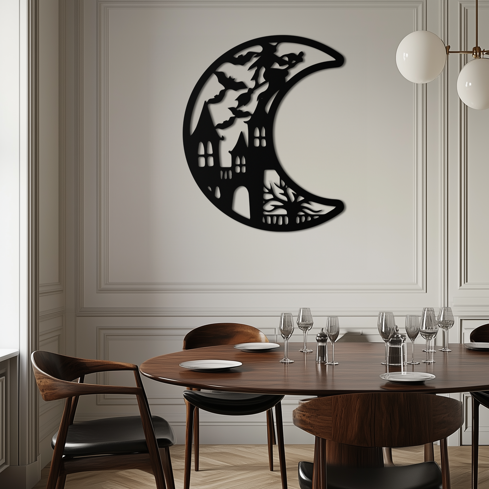 Haunted Moon Halloween Metal Wall Art - Witch & Castle Silhouette - KAF274