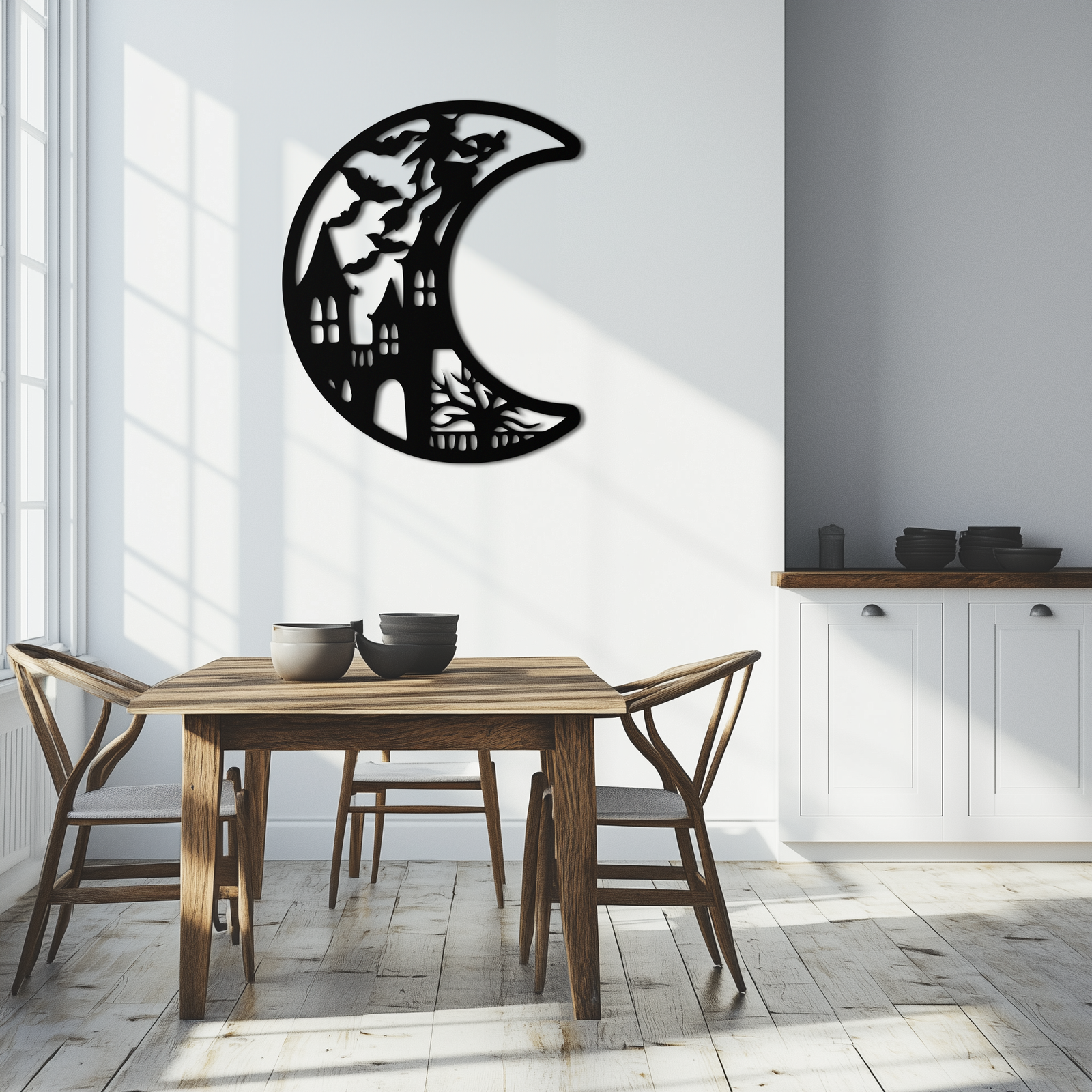 Haunted Moon Halloween Metal Wall Art - Witch & Castle Silhouette - KAF274