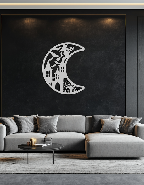 Load image into Gallery viewer, Haunted Moon Halloween Metal Wall Art - Witch &amp; Castle Silhouette - KAF274

