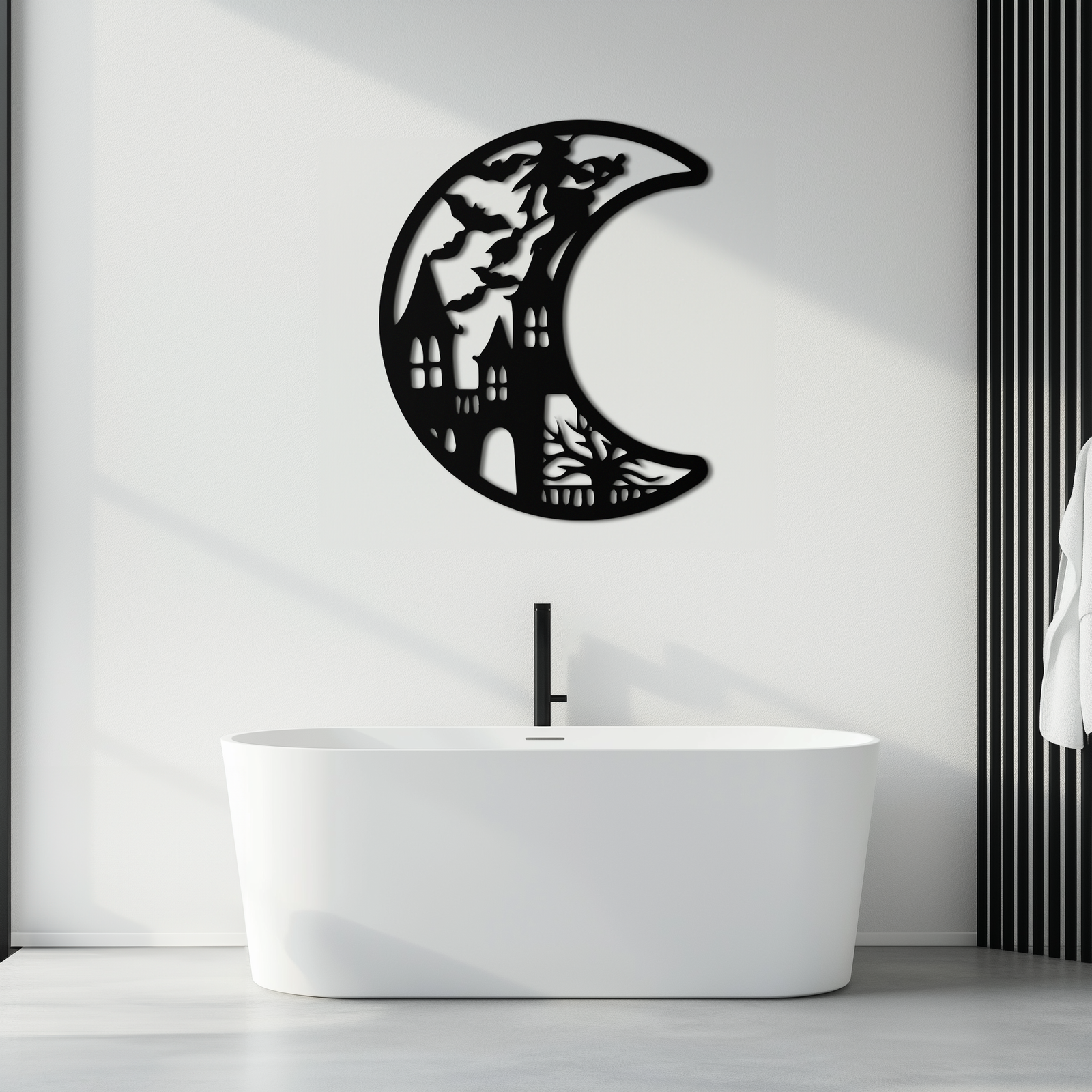 Haunted Moon Halloween Metal Wall Art - Witch & Castle Silhouette - KAF274