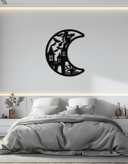 Perili Ay Cadılar Bayramı Metal Duvar Sanatı - Cadı ve Kale Silüeti - KAF274