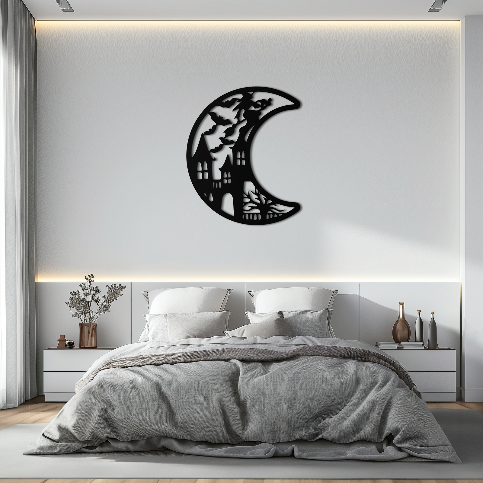 Haunted Moon Halloween Metal Wall Art - Witch & Castle Silhouette - KAF274