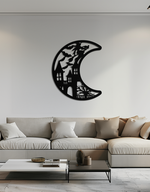 Load image into Gallery viewer, Haunted Moon Halloween Metal Wall Art - Witch &amp; Castle Silhouette - KAF274
