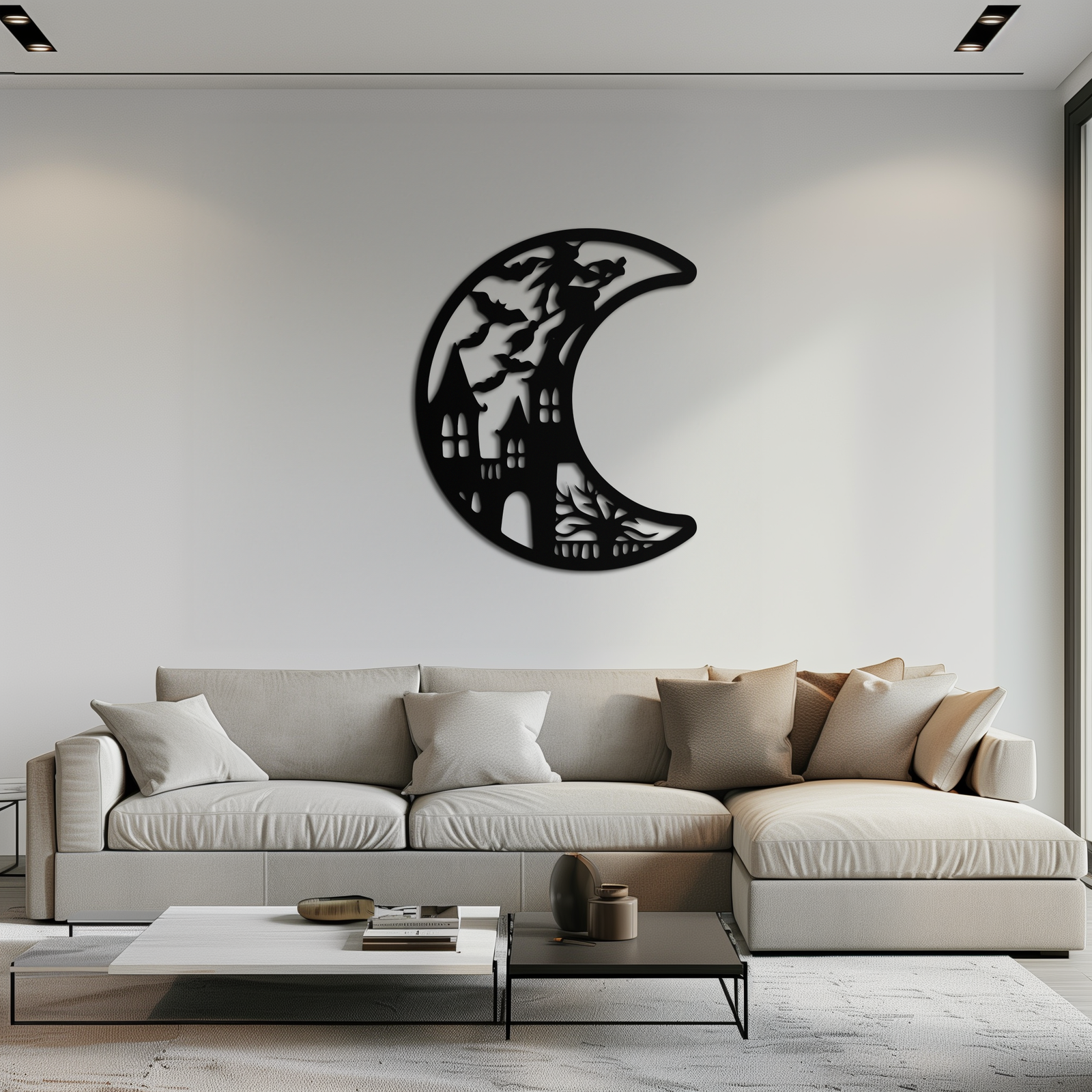 Haunted Moon Halloween Metal Wall Art - Witch & Castle Silhouette - KAF274