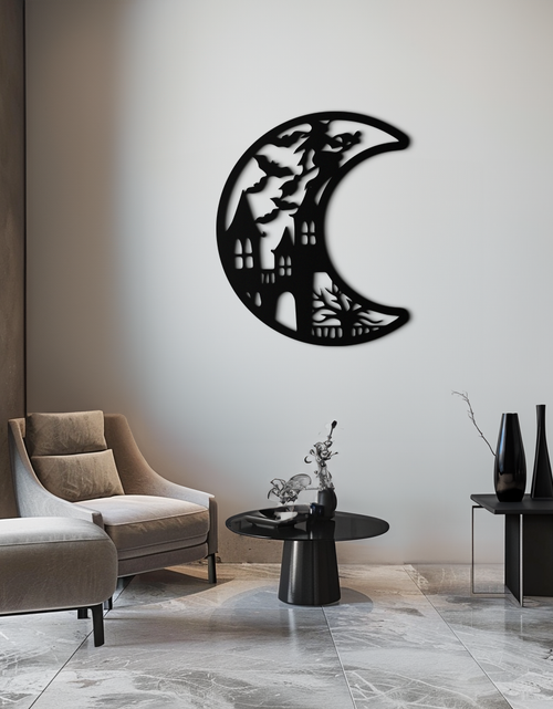 Load image into Gallery viewer, Haunted Moon Halloween Metal Wall Art - Witch &amp; Castle Silhouette - KAF274
