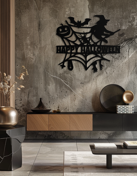 Mutlu Cadılar Bayramı Metal Duvar Sanatı - Cadı ve Web Tasarımı - KAF280