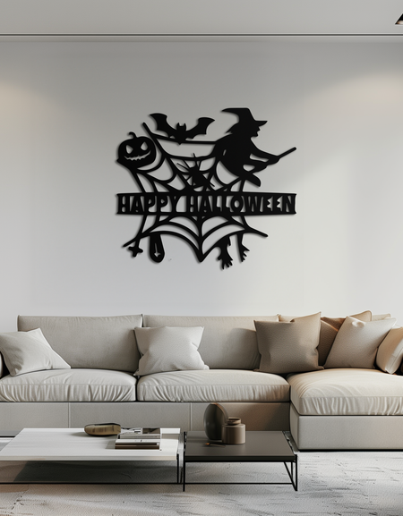 Mutlu Cadılar Bayramı Metal Duvar Sanatı - Cadı ve Web Tasarımı - KAF280