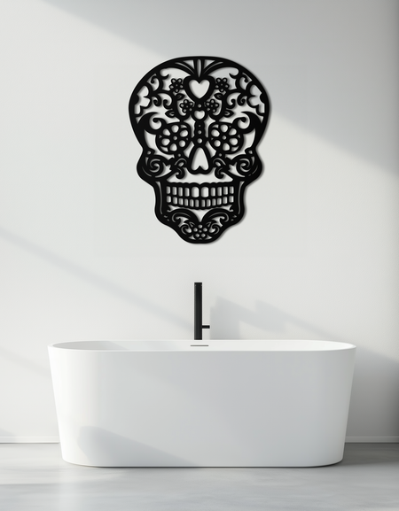 Cadılar Bayramı Kafatası Metal Duvar Sanatı - Karmaşık Çiçekli Kafatası Dekoru- KAF283