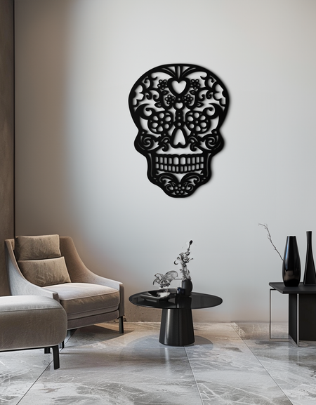 Cadılar Bayramı Kafatası Metal Duvar Sanatı - Karmaşık Çiçekli Kafatası Dekoru- KAF283