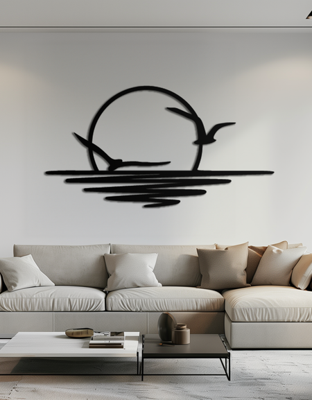 Deniz Kenarı Gün Batımı Metal Duvar Sanatı - Huzurlu Okyanus Manzarası Dekoru- KAF285