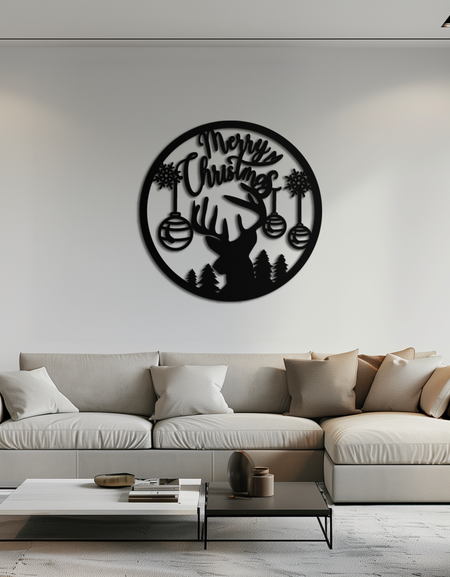 Merry Christmas Metal Wall Art - Festive Reindeer Silhouette Decor- KAF288