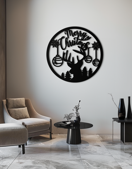 Merry Christmas Metal Wall Art - Festive Reindeer Silhouette Decor- KAF288