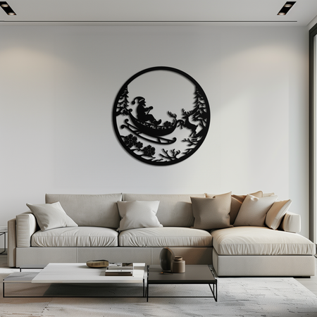 Santa Sleigh Metal Wall Art - Christmas Reindeer & Santa Decor- KAF289