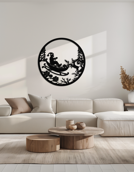 Noel Baba Kızak Metal Duvar Sanatı - Noel Ren Geyiği ve Noel Baba Dekoru - KAF289