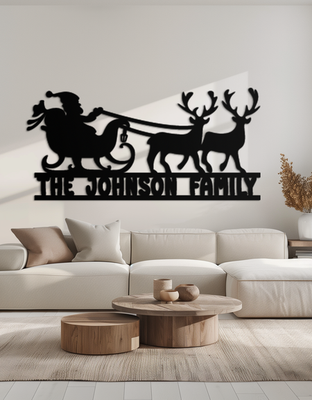 Noel Baba Kızak Kişiselleştirilmiş Metal Duvar Sanatı - Özel Aile Noel Dekoru - KAF293
