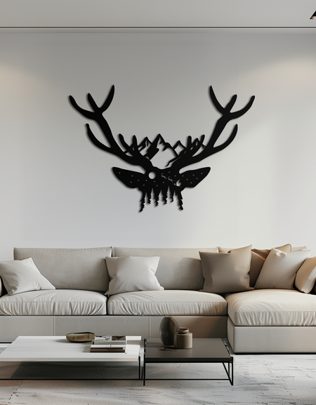 Majestic Deer Skull Metal Duvar Sanatı - Doğadan Esinlenen Boynuz Dekoru - KAF300