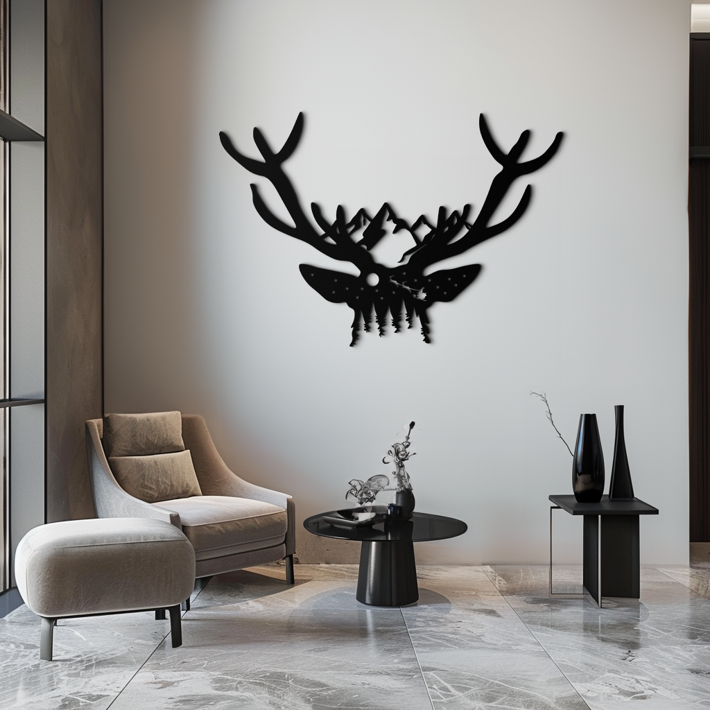 Majestic Deer Skull Metal Duvar Sanatı - Doğadan Esinlenen Boynuz Dekoru - KAF300