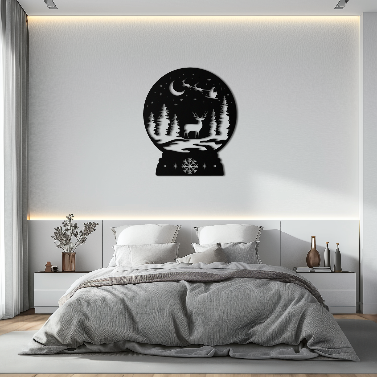 Winter Deer Snow Globe Metal Wall Art - Holiday Forest Scene Decor- KAF302