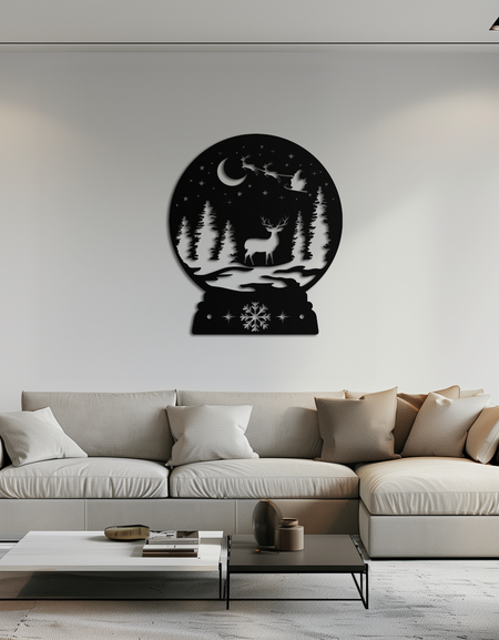 Kış Geyiği Kar Küresi Metal Duvar Sanatı - Tatil Orman Sahnesi Dekoru- KAF302