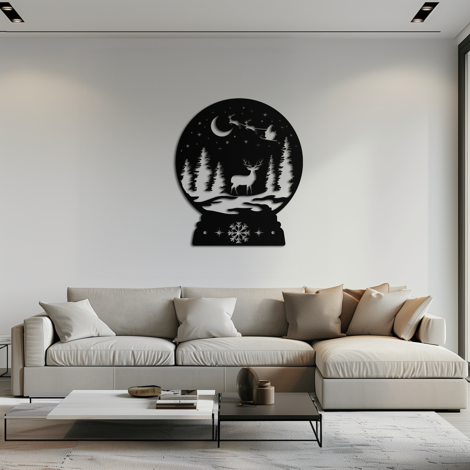 Winter Deer Snow Globe Metal Wall Art - Holiday Forest Scene Decor- KAF302