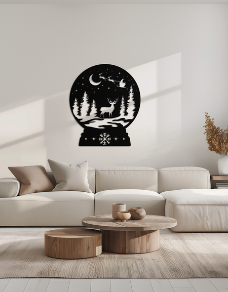 Kış Geyiği Kar Küresi Metal Duvar Sanatı - Tatil Orman Sahnesi Dekoru- KAF302