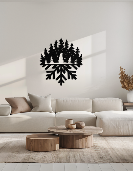 Kar Tanesi Orman Metal Duvar Sanatı - Kış Ağacı Silüeti Ev Dekoru- KAF303