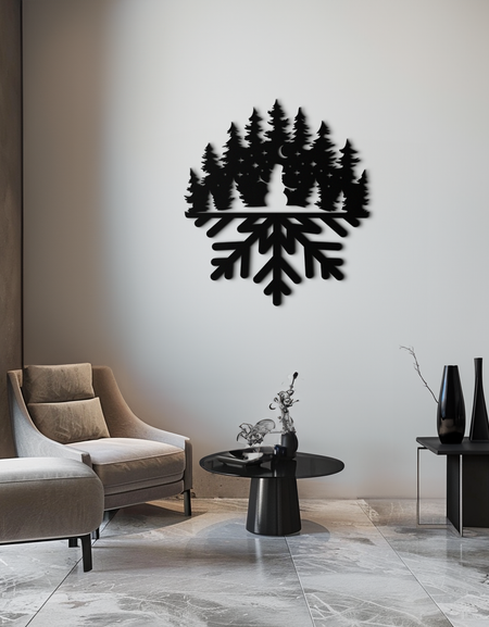 Kar Tanesi Orman Metal Duvar Sanatı - Kış Ağacı Silüeti Ev Dekoru- KAF303