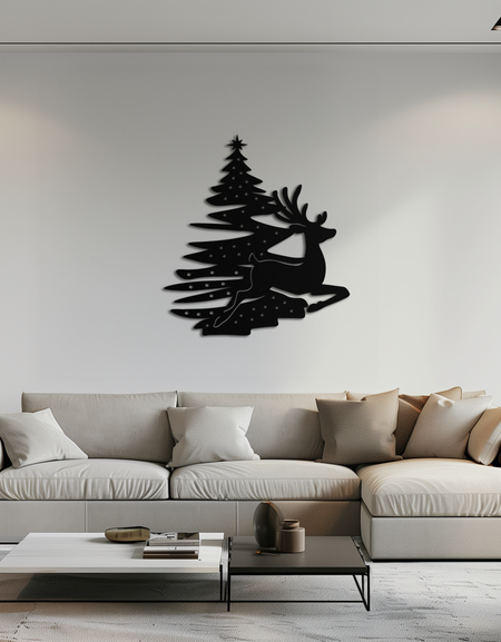 Ren Geyiği ve Noel Ağacı Metal Duvar Sanatı - Şenlikli Tatil Çelik Dekoru- KAF304