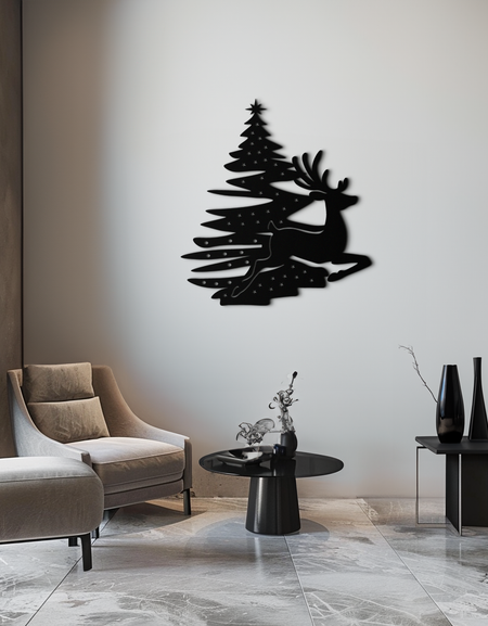 Ren Geyiği ve Noel Ağacı Metal Duvar Sanatı - Şenlikli Tatil Çelik Dekoru- KAF304