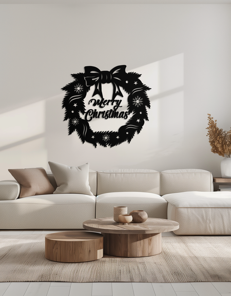 Mutlu Noel Çelengi Metal Duvar Sanatı - Şenlikli Tatil Çelik Dekorasyonu- KAF307