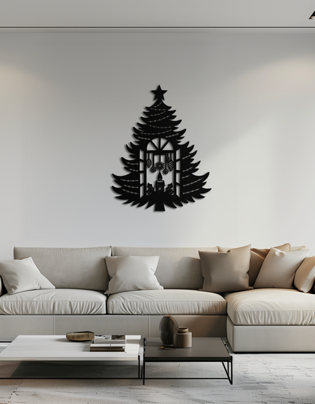 Noel Ağacı Mum Pencere Silüeti - Şenlikli Metal Duvar Sanatı- KAF309