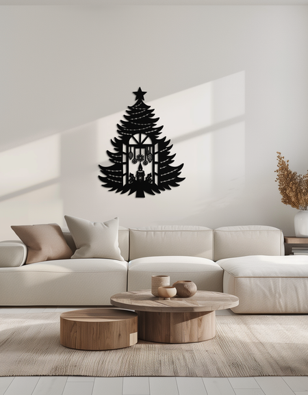 Noel Ağacı Mum Pencere Silüeti - Şenlikli Metal Duvar Sanatı- KAF309