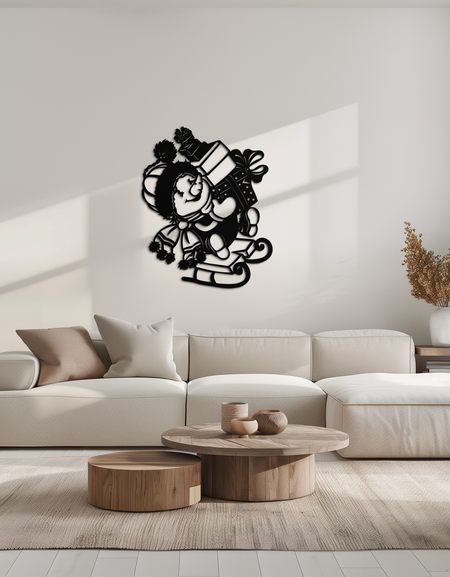 Noel Kardan Adamı Metal Duvar Sanatı - Kızak Üzerinde Sevimli Kardan Adam ile Şenlikli Tatil Hediye Dekoru - KAF310