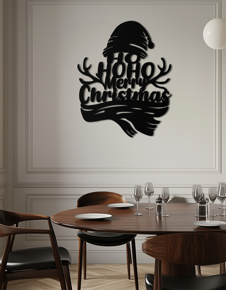 Ho Ho Ho Merry Christmas Metal Wall Art - Festive Reindeer Antlers Holiday Decor- KAF313
