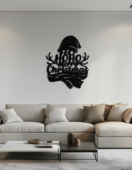 Ho Ho Ho Merry Christmas Metal Wall Art - Festive Reindeer Antlers Holiday Decor- KAF313