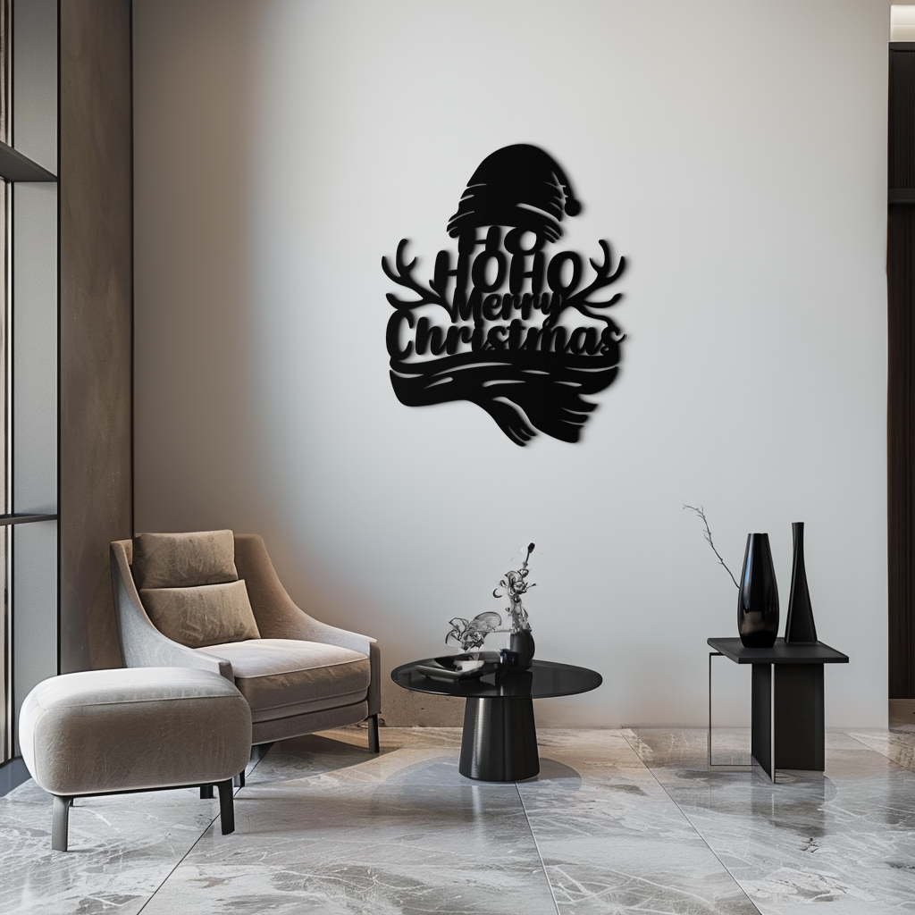 Ho Ho Ho Merry Christmas Metal Wall Art - Festive Reindeer Antlers Holiday Decor- KAF313