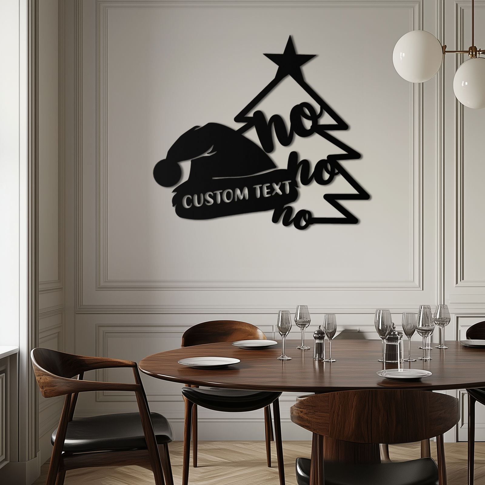 Ho Ho Ho Santa Hat & Tree Metal Wall Art - Customizable Holiday Decor- KAF314