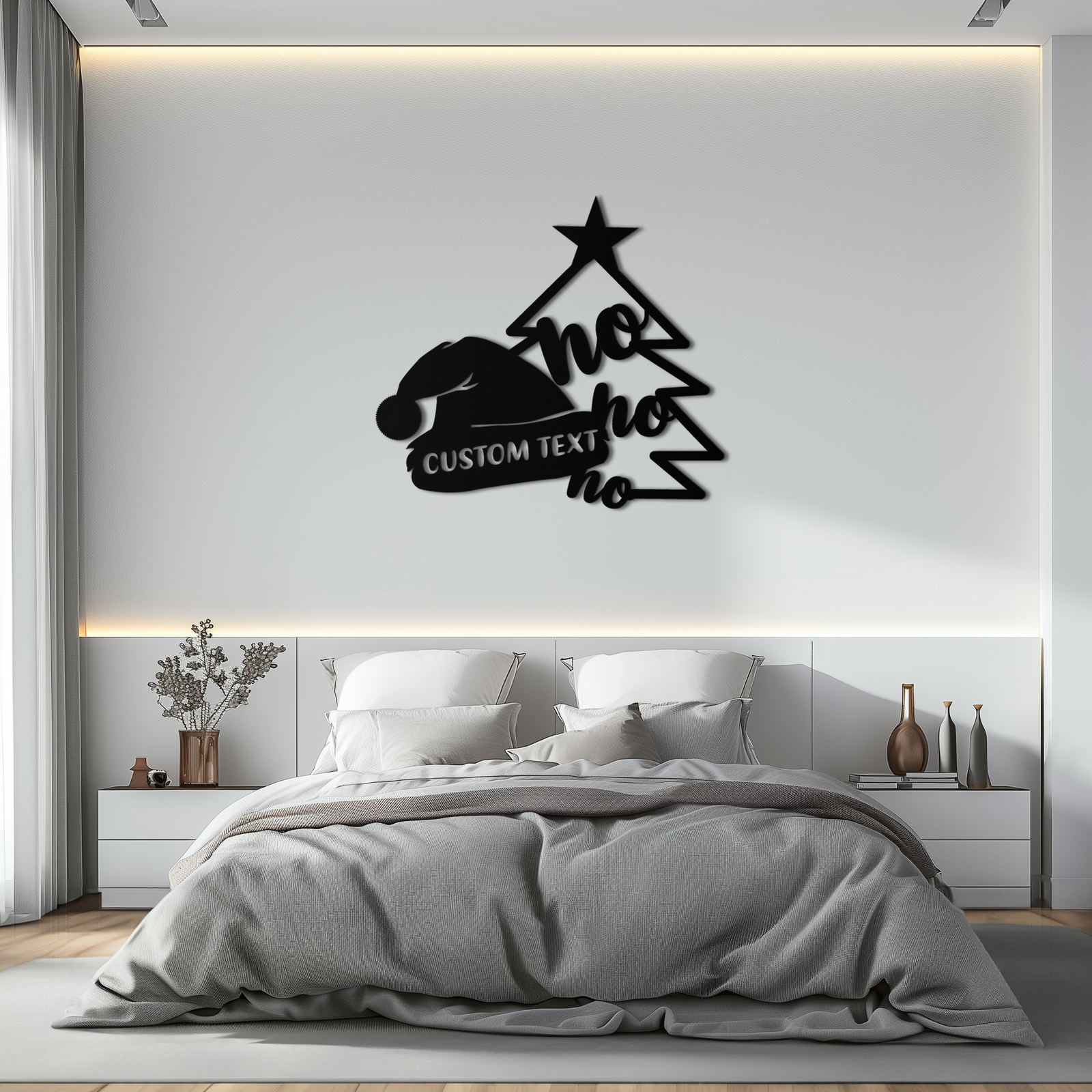 Ho Ho Ho Santa Hat & Tree Metal Wall Art - Customizable Holiday Decor- KAF314