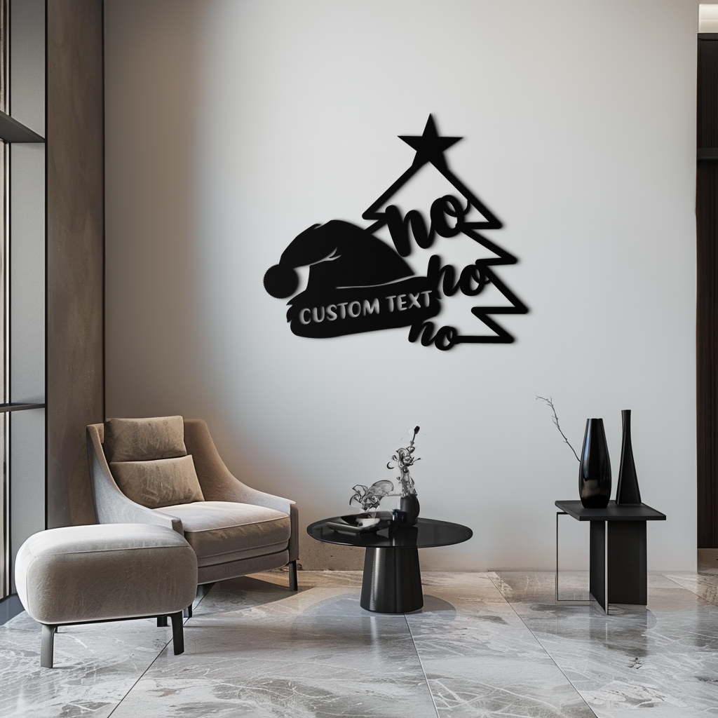 Ho Ho Ho Santa Hat & Tree Metal Wall Art - Customizable Holiday Decor- KAF314
