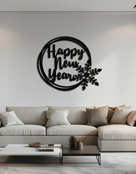 Mutlu Yıllar Kar Tanesi Metal Duvar Sanatı - Tatil Yuvarlak Çelik Noel Dekoru - KAF315