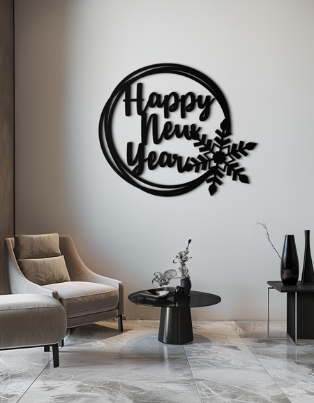 Mutlu Yıllar Kar Tanesi Metal Duvar Sanatı - Tatil Yuvarlak Çelik Noel Dekoru - KAF315