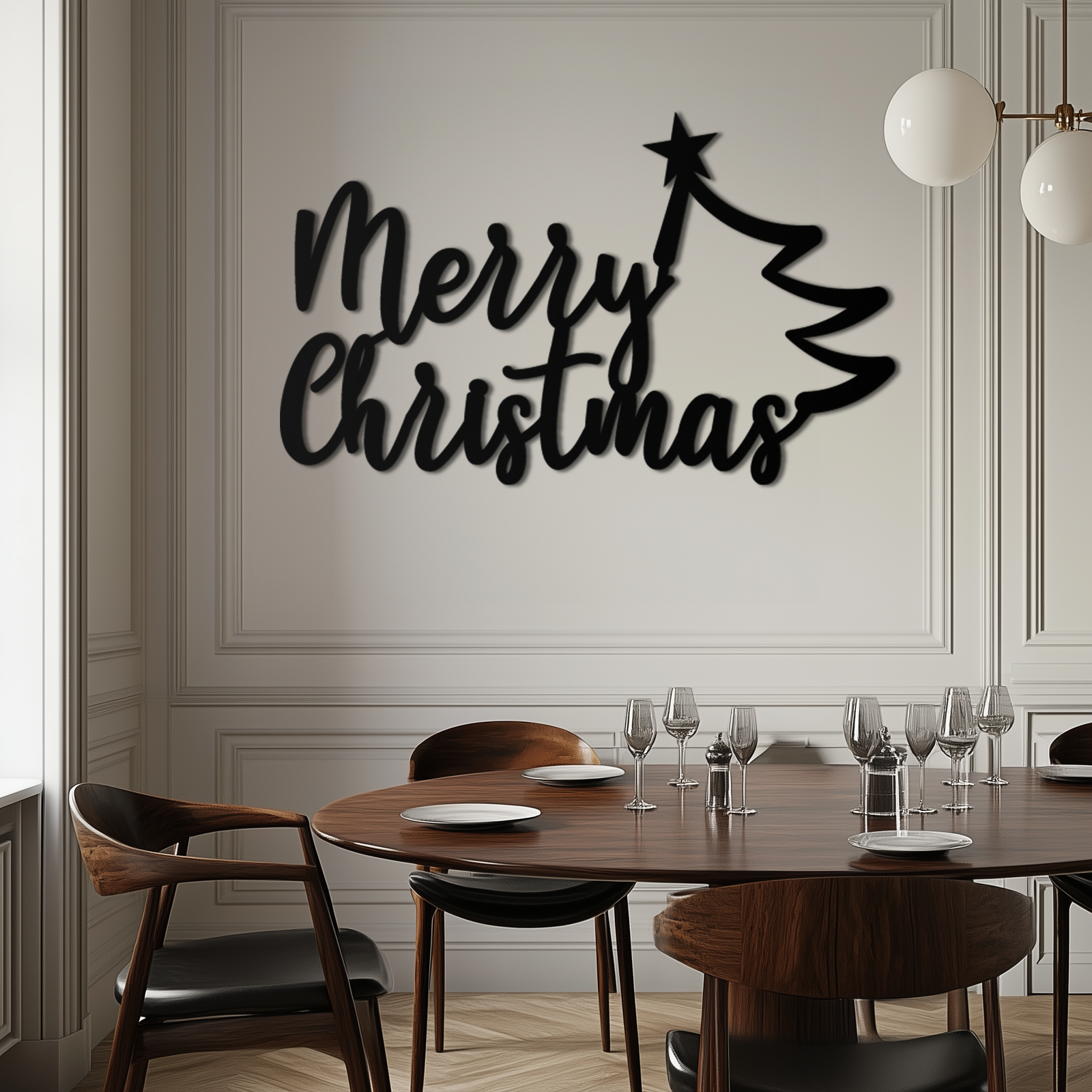 Neşeli Noel Ağacı Metal Duvar Sanatı - Tatil Sezonu Yazısı Çelik Dekor- KAF316