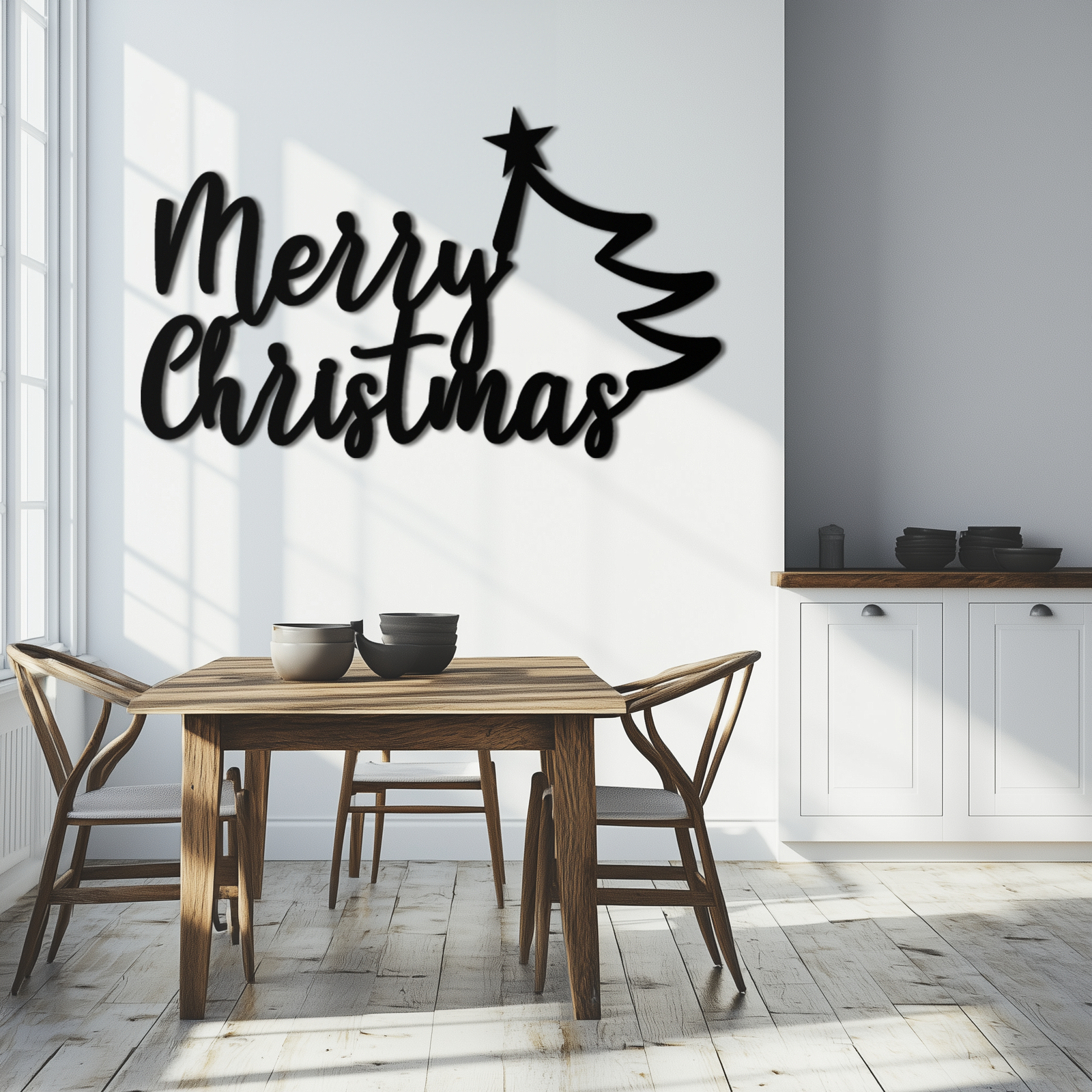 Neşeli Noel Ağacı Metal Duvar Sanatı - Tatil Sezonu Yazısı Çelik Dekor- KAF316